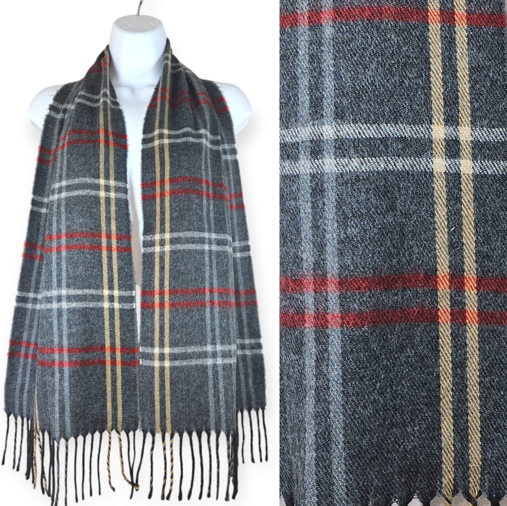 NWOT Cejon gray red tan white plaid scarf Mens One Size